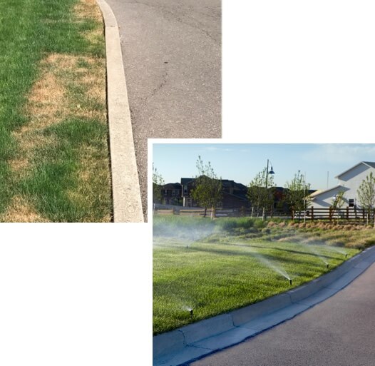 Dead grass on landscape edges next to image of green grass on landscape edges with Hunter nozzles