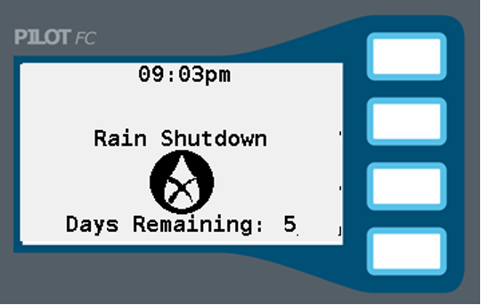 Image de l'écran d'arrêt de l'arrosage pour cause de pluie avec son compte à rebours.