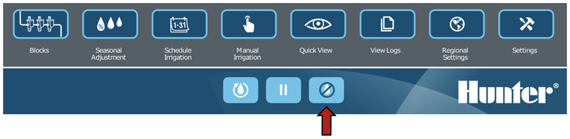 Image montrant le bouton Arrêt de l'arrosage pour cause de pluie de l'interface.