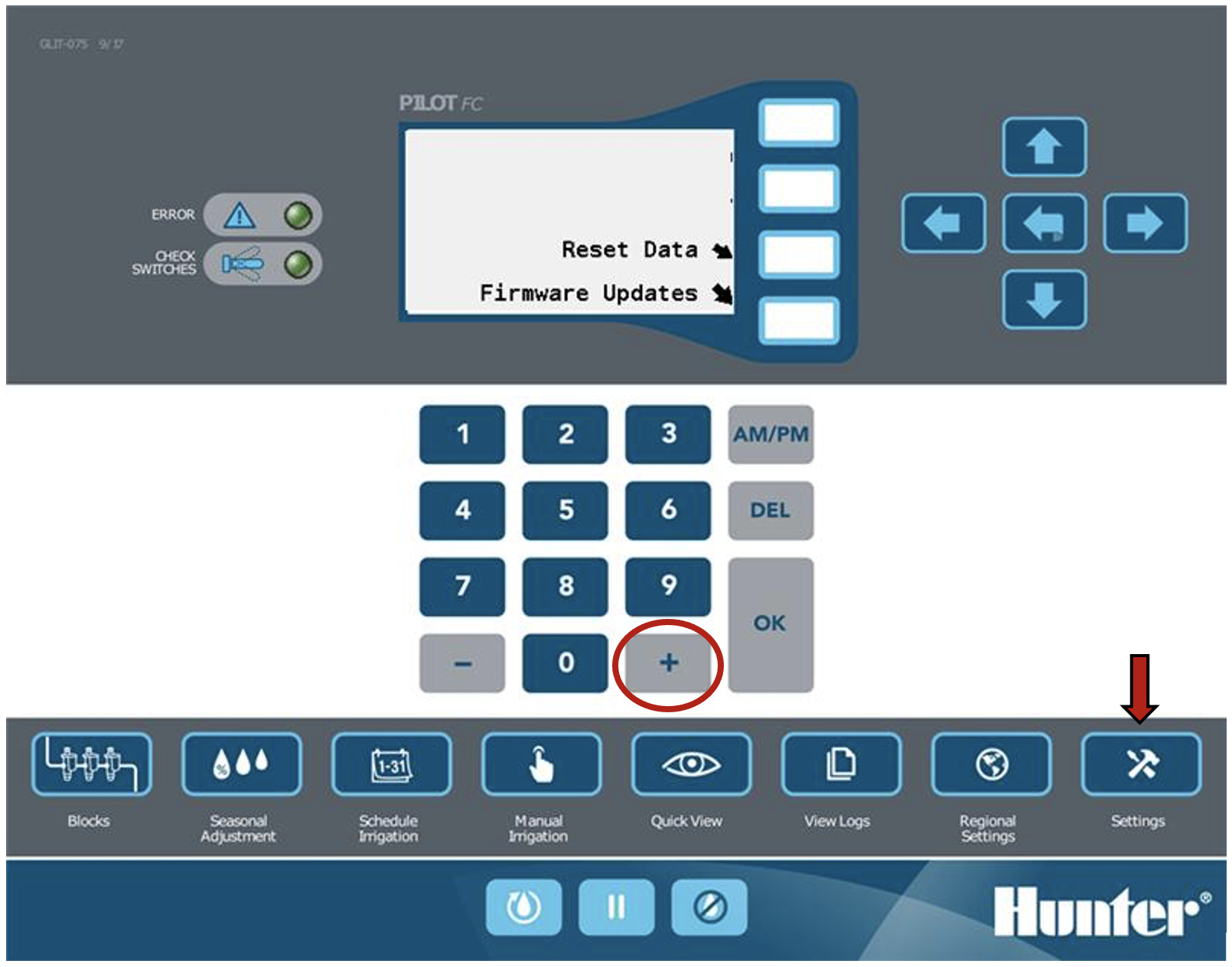 Imagen de la pantalla de la carátula que muestra el botón del signo más y el botón de configuración.